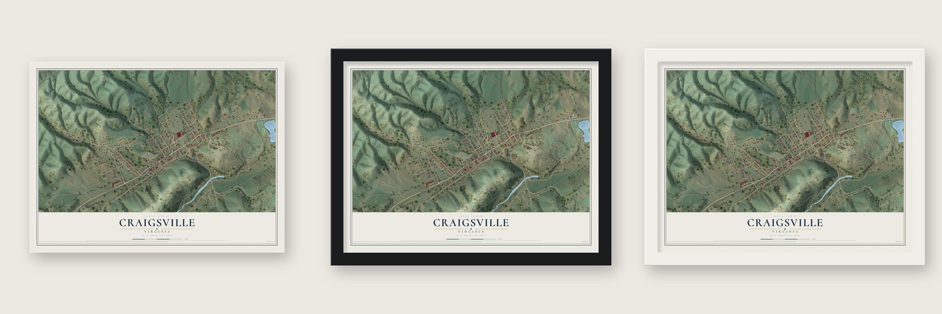 Craigsville, Virginia map unframed, in a black wood frame and in a white wood frame
