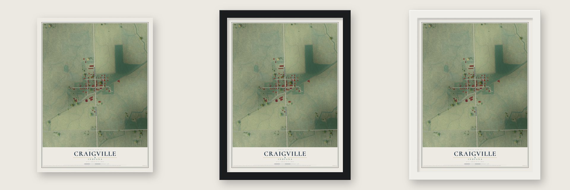 Craigville, Indiana map unframed, in a black wood frame and in a white wood frame