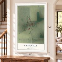 Craigville, Indiana map, 24 x 36 inch print in a white frame by a staircase