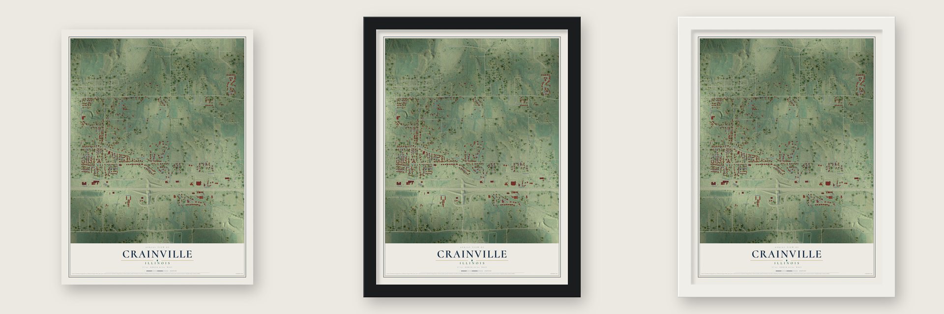 Crainville, Illinois map unframed, in a black wood frame and in a white wood frame