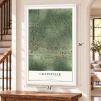 Crainville, Illinois map, 24 x 36 inch print in a white frame by a staircase
