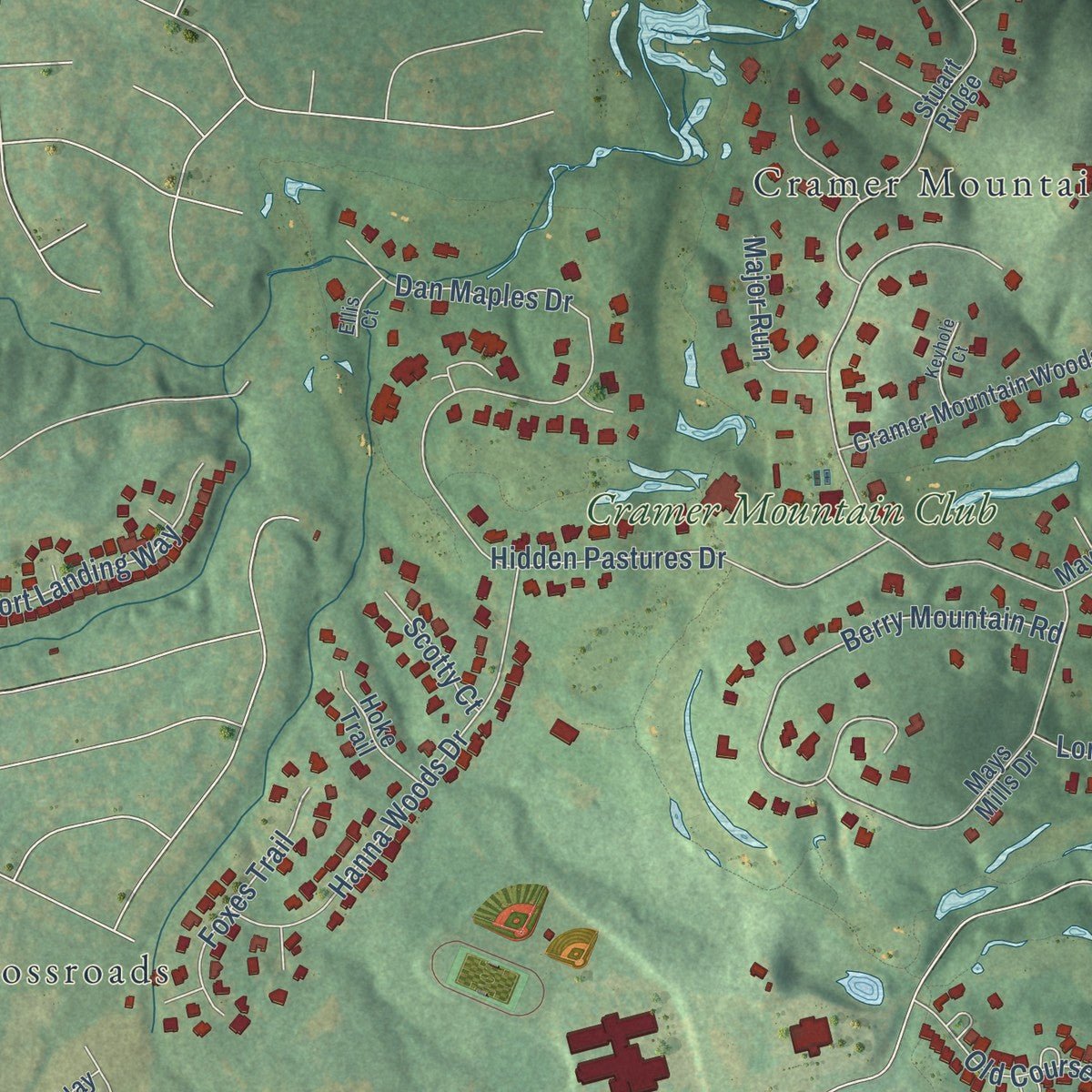Second close-up of the map of Cramerton, North Carolina print showing more streets and buildings