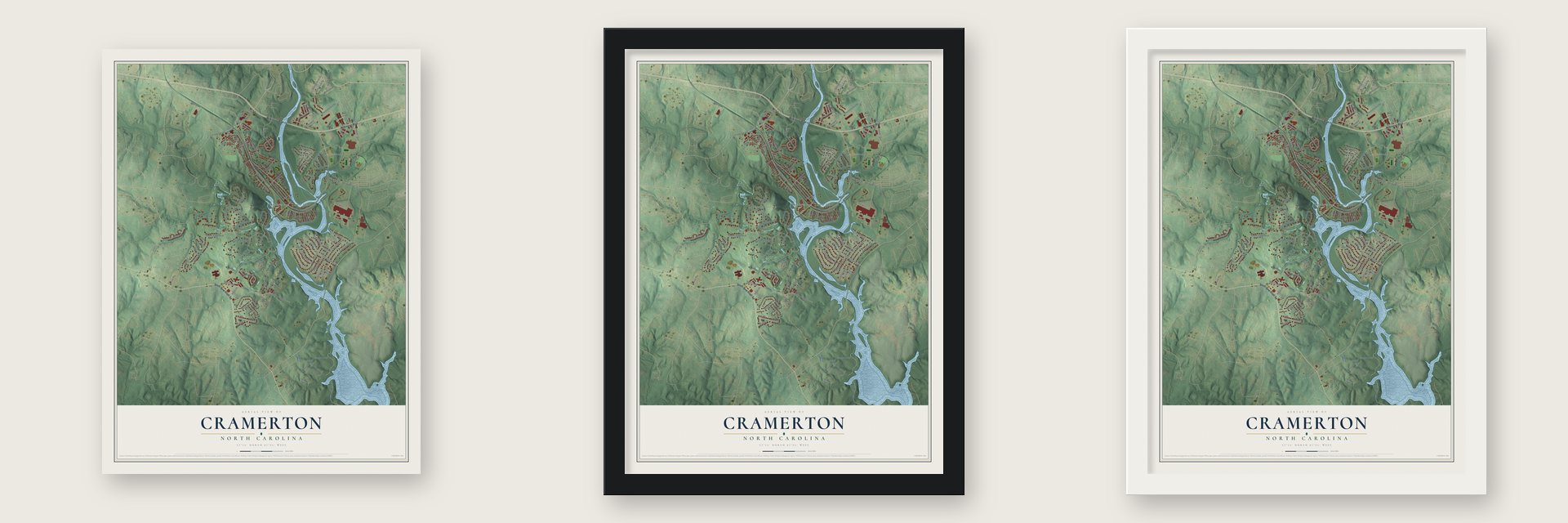 Cramerton, North Carolina map unframed, in a black wood frame and in a white wood frame