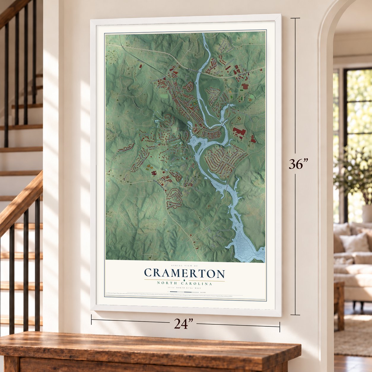 Cramerton, North Carolina map, 24 x 36 inch print in a white frame by a staircase