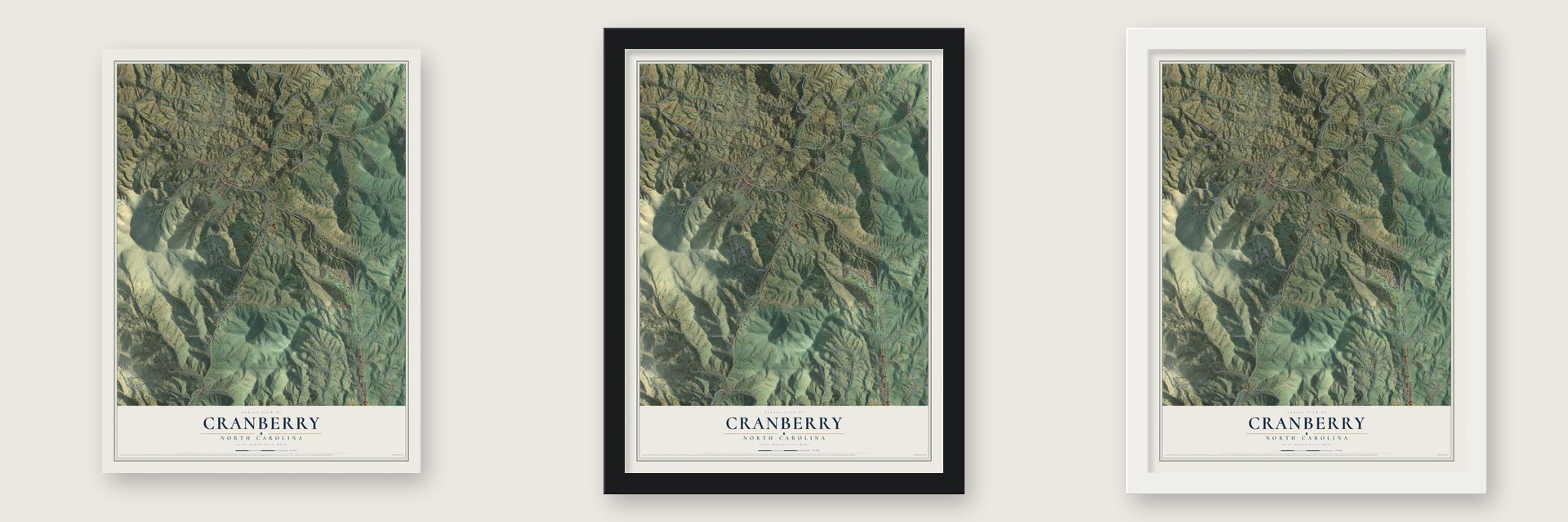 Cranberry, North Carolina map unframed, in a black wood frame and in a white wood frame