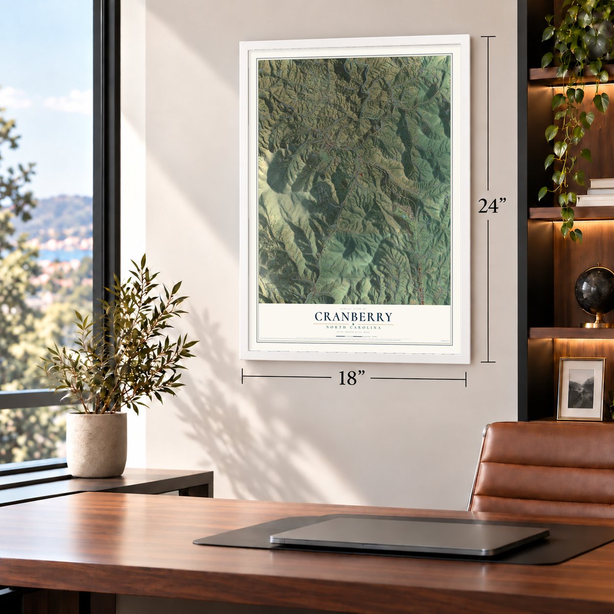 Cranberry, North Carolina map, 18 x 24 inch print in a white frame in a home office