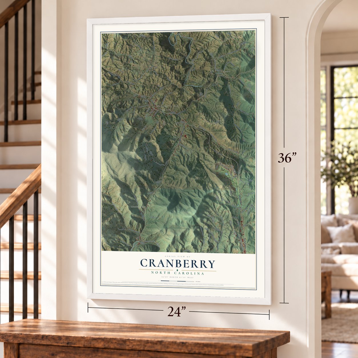 Cranberry, North Carolina map, 24 x 36 inch print in a white frame by a staircase