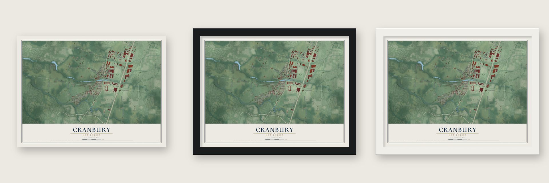 Cranbury, New Jersey map unframed, in a black wood frame and in a white wood frame