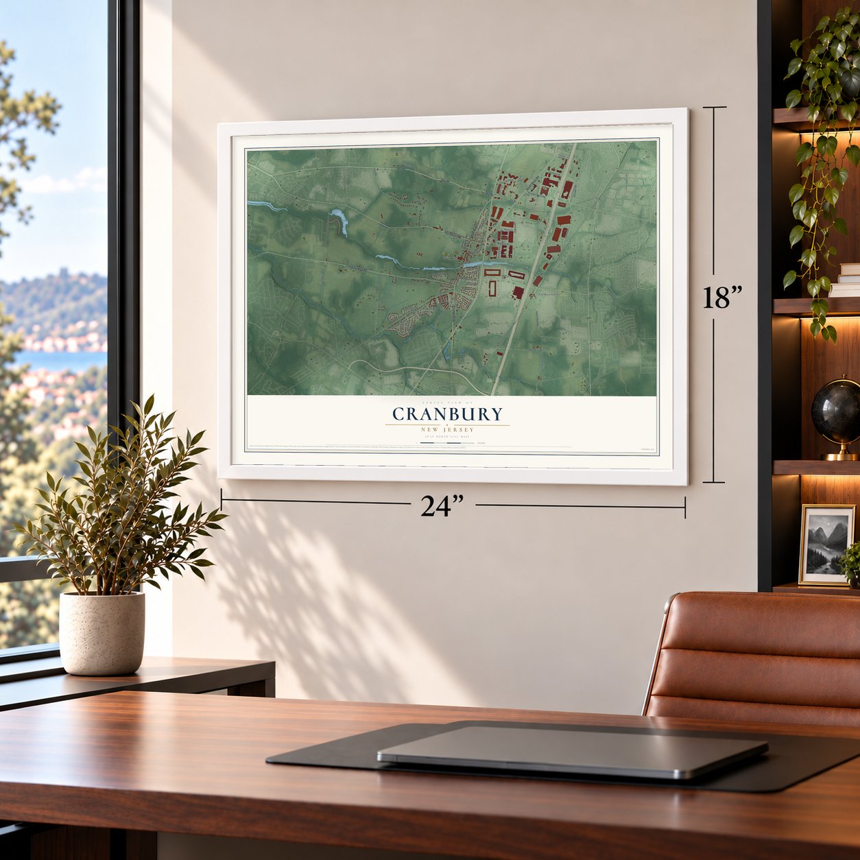 Cranbury, New Jersey map, 18 x 24 inch print in a white frame in a home office