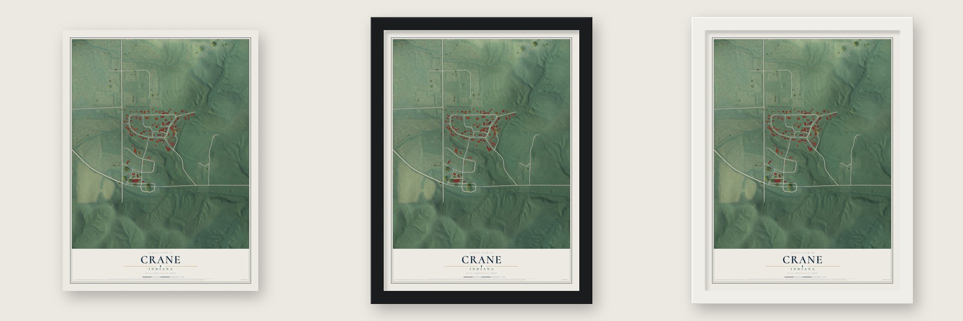 Crane, Indiana map unframed, in a black wood frame and in a white wood frame