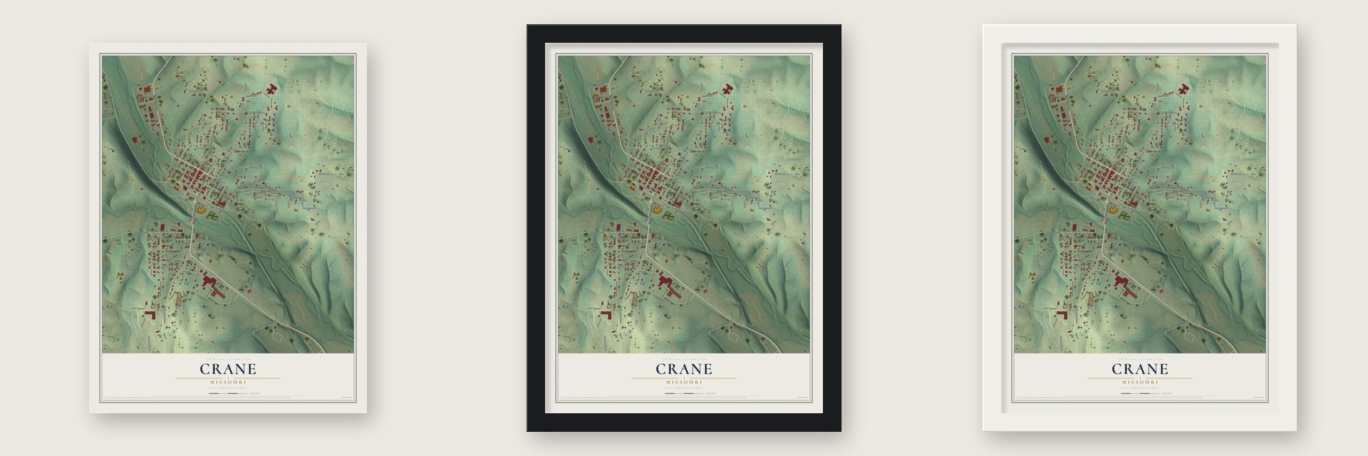 Crane, Missouri map unframed, in a black wood frame and in a white wood frame