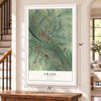 Crane, Missouri map, 24 x 36 inch print in a white frame by a staircase