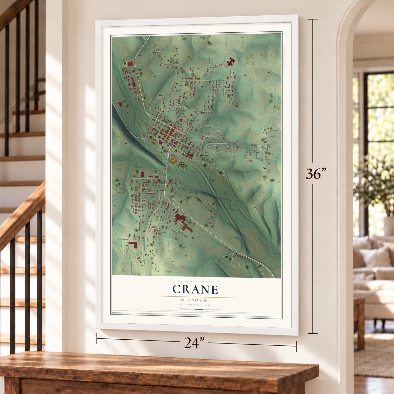 Crane, Missouri map, 24 x 36 inch print in a white frame by a staircase