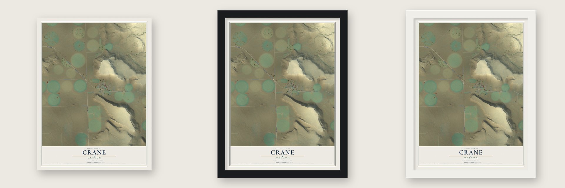 Crane, Oregon map unframed, in a black wood frame and in a white wood frame