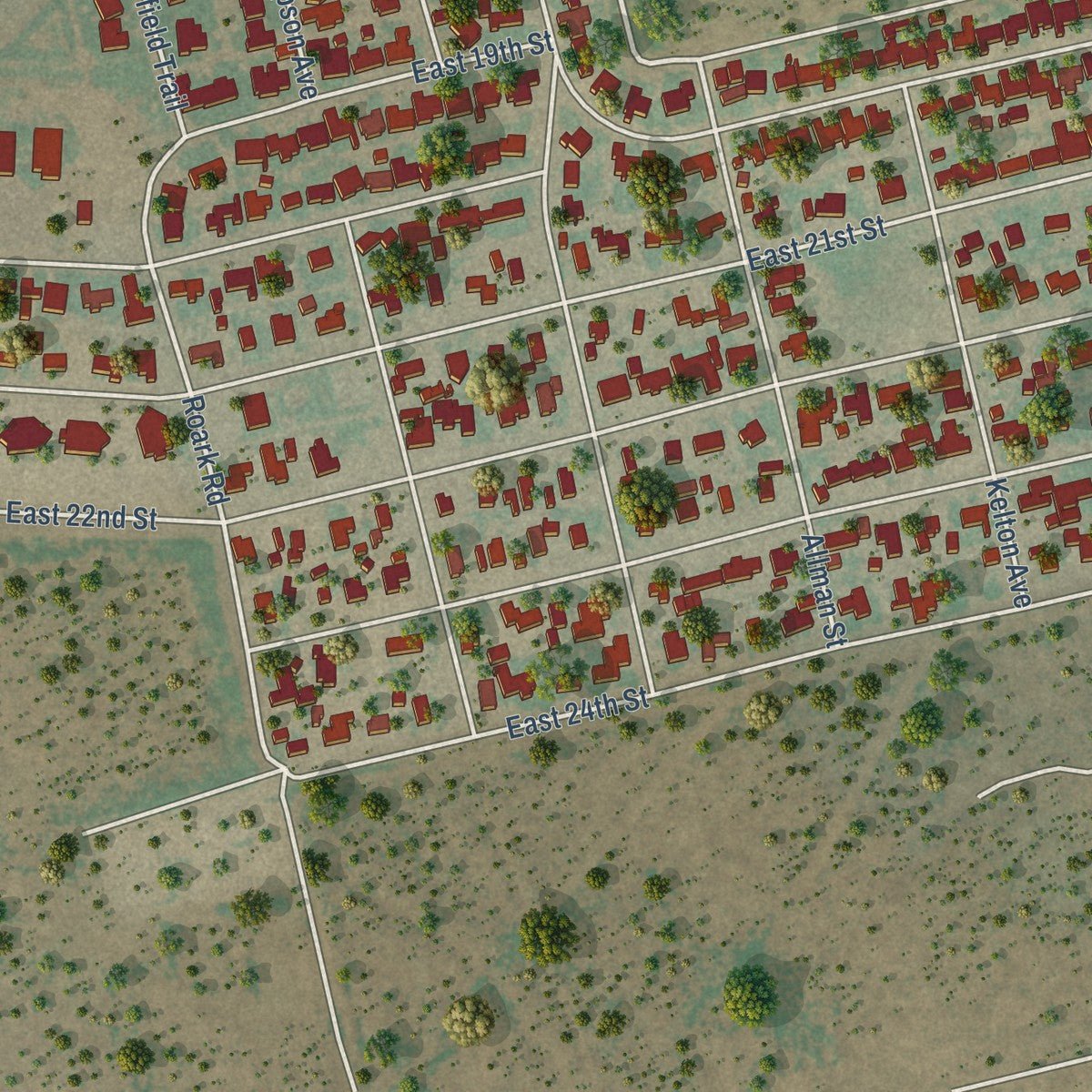Second close-up of the map of Crane, Texas print showing more streets and buildings