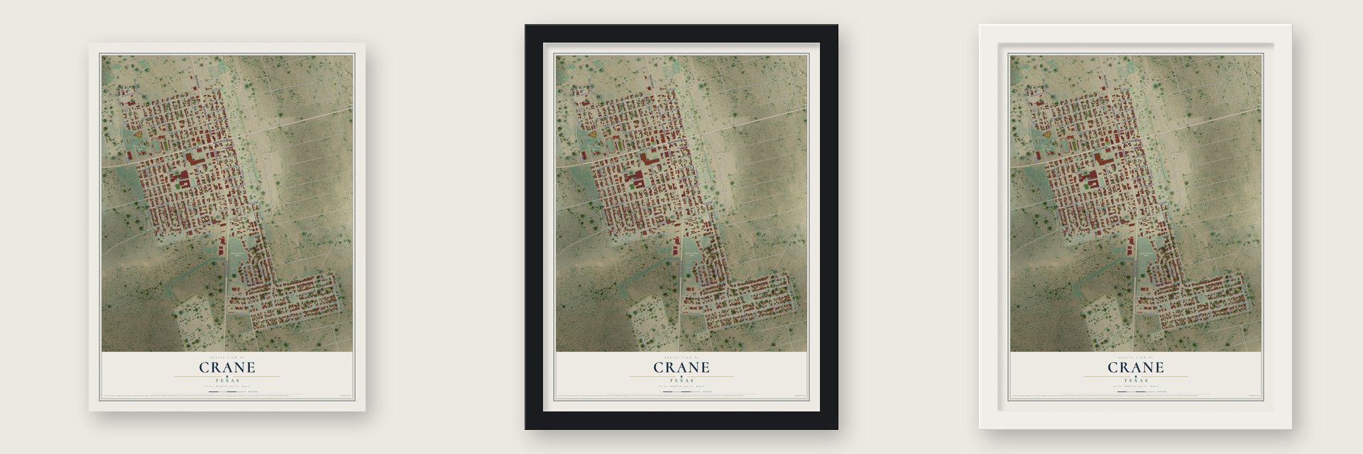 Crane, Texas map unframed, in a black wood frame and in a white wood frame