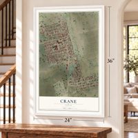Crane, Texas map, 24 x 36 inch print in a white frame by a staircase