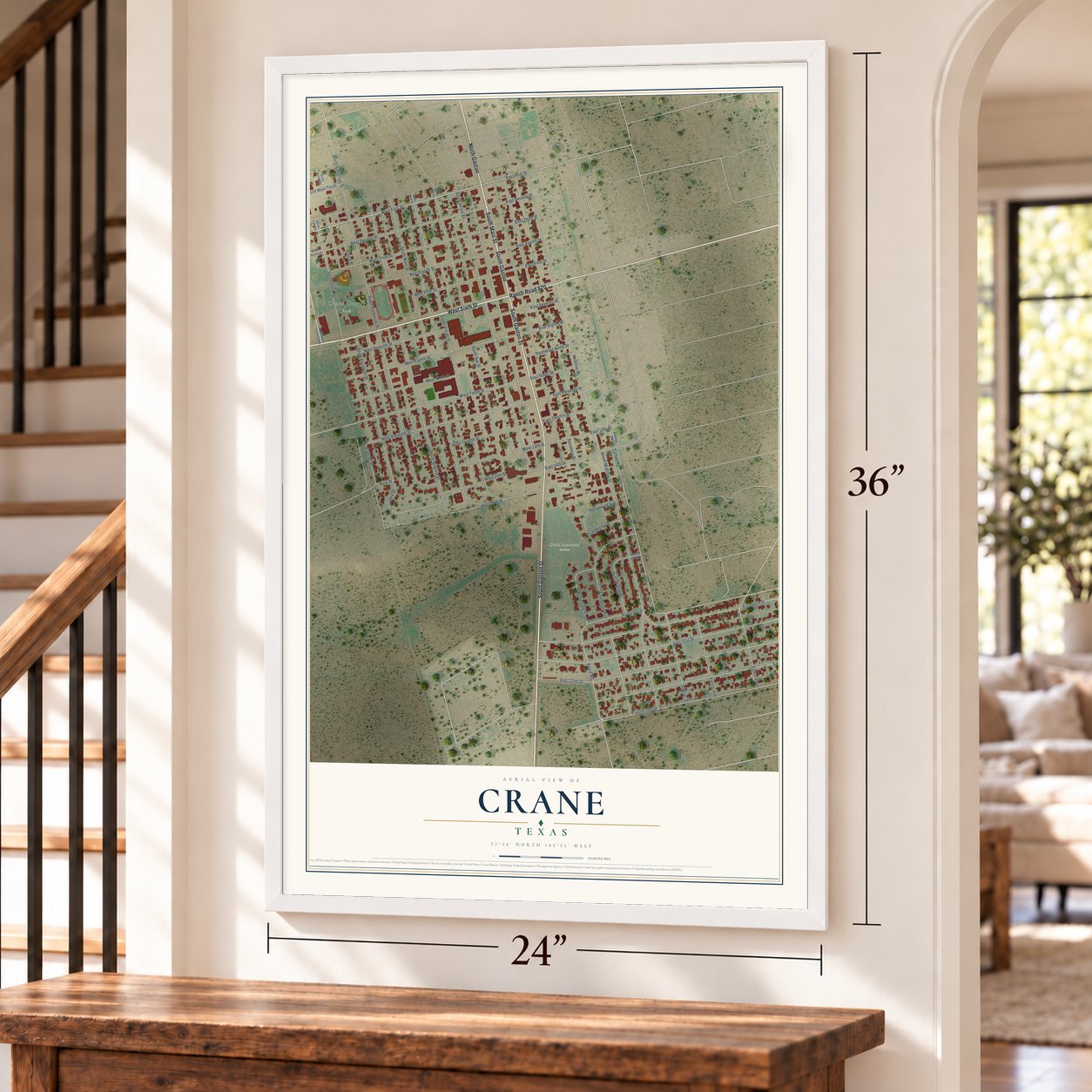 Crane, Texas map, 24 x 36 inch print in a white frame by a staircase