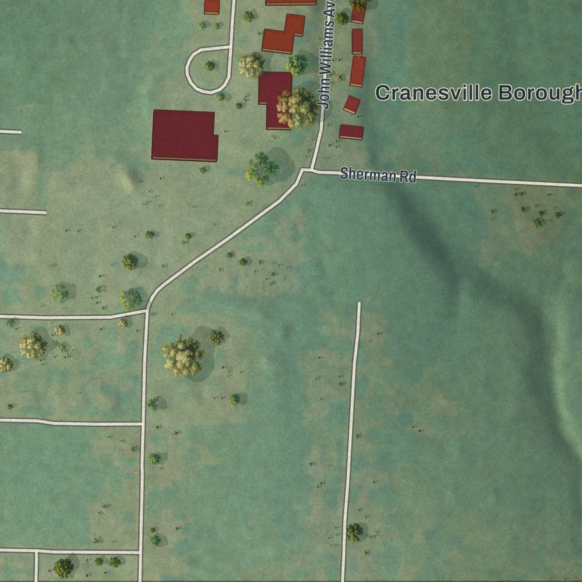 Second close-up of the map of Cranesville, Pennsylvania print showing more streets and buildings