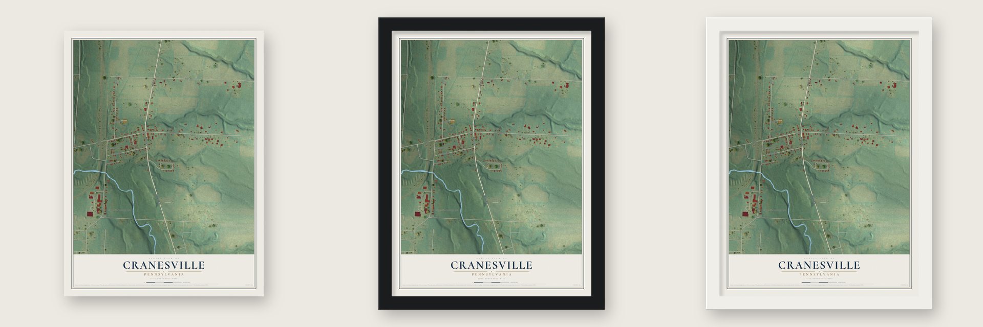 Cranesville, Pennsylvania map unframed, in a black wood frame and in a white wood frame