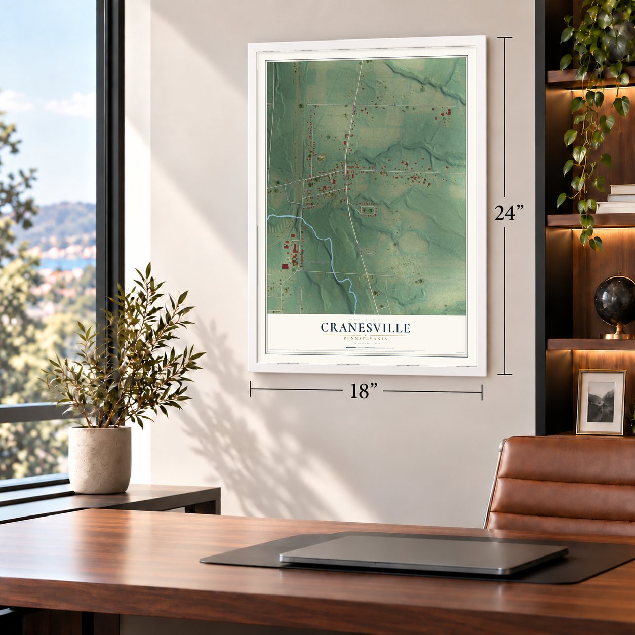 Cranesville, Pennsylvania map, 18 x 24 inch print in a white frame in a home office
