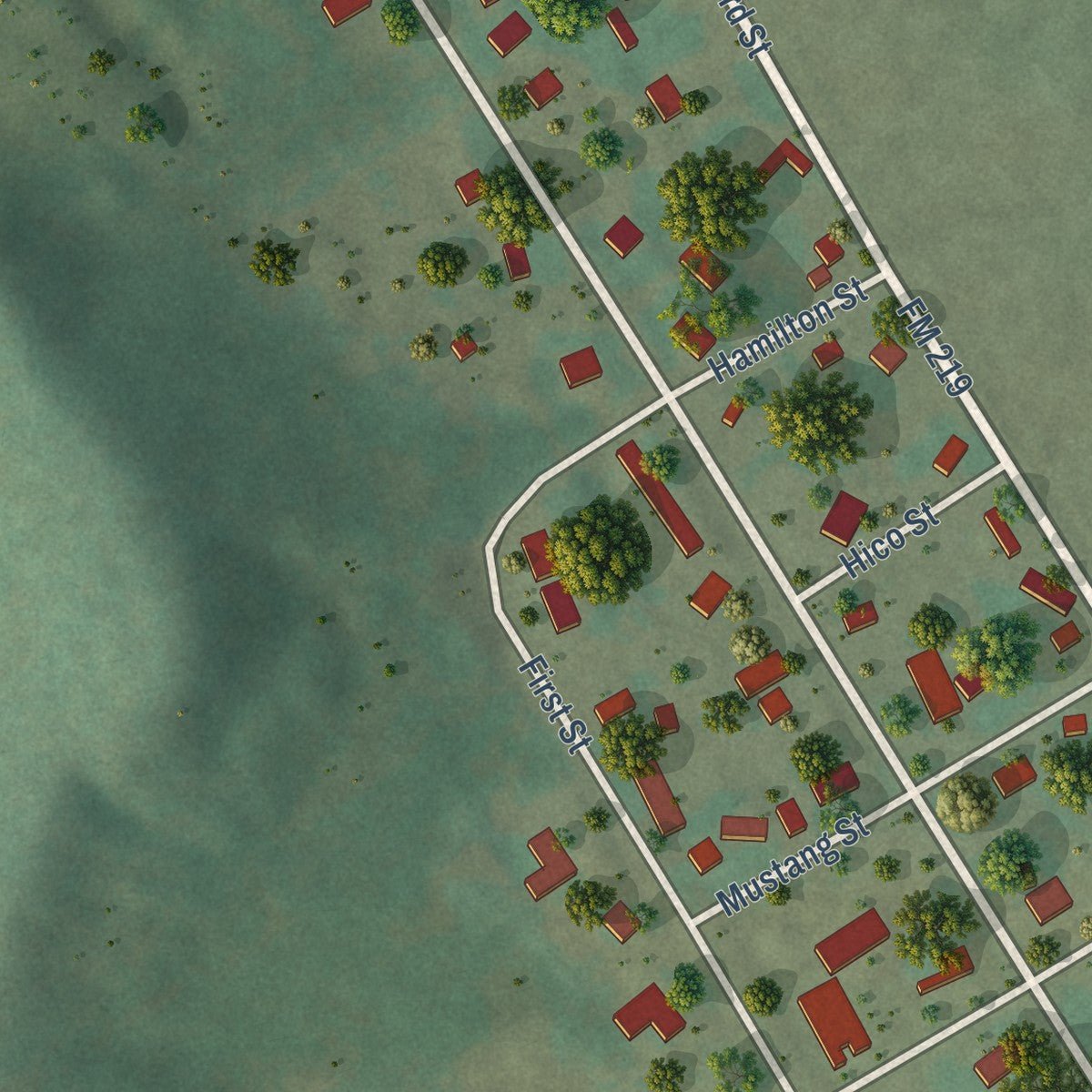 Second close-up of the map of Cranfills Gap, Texas print showing more streets and buildings