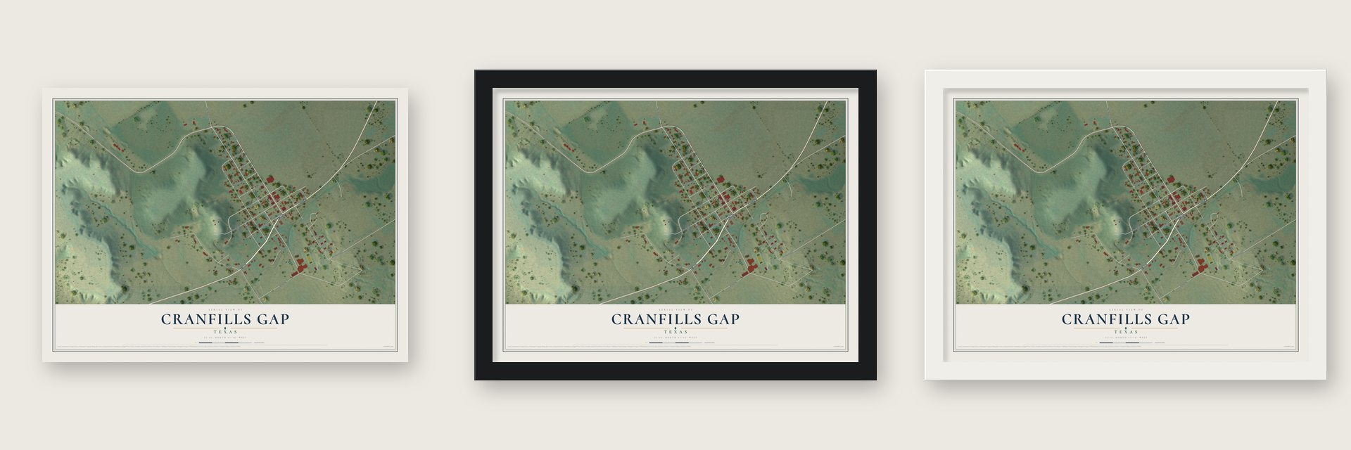 Cranfills Gap, Texas map unframed, in a black wood frame and in a white wood frame