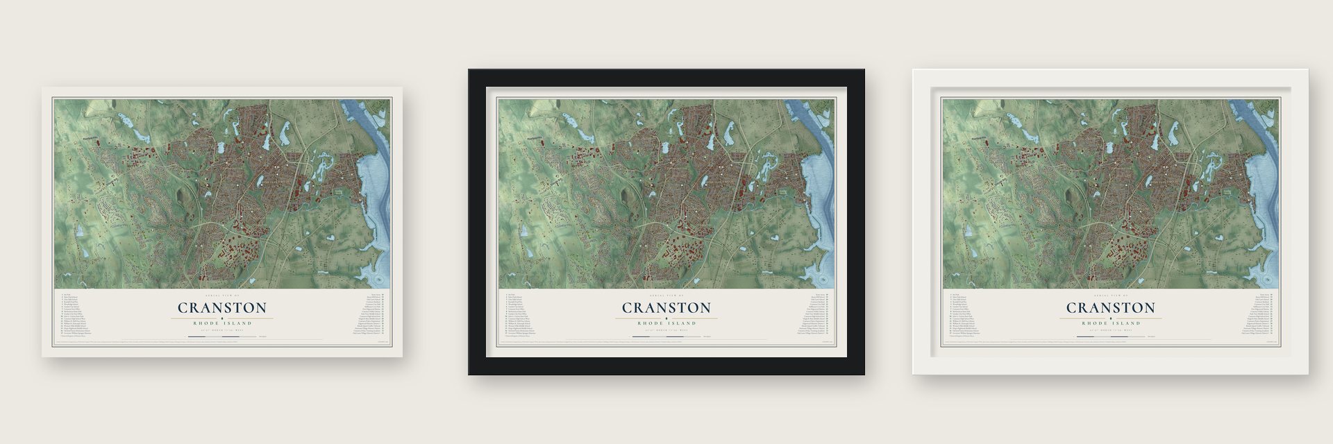 Cranston, Rhode Island map unframed, in a black wood frame and in a white wood frame
