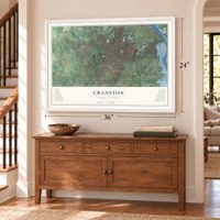 Cranston, Rhode Island map, 24 x 36 inch print in a white frame above a dresser by a staircase