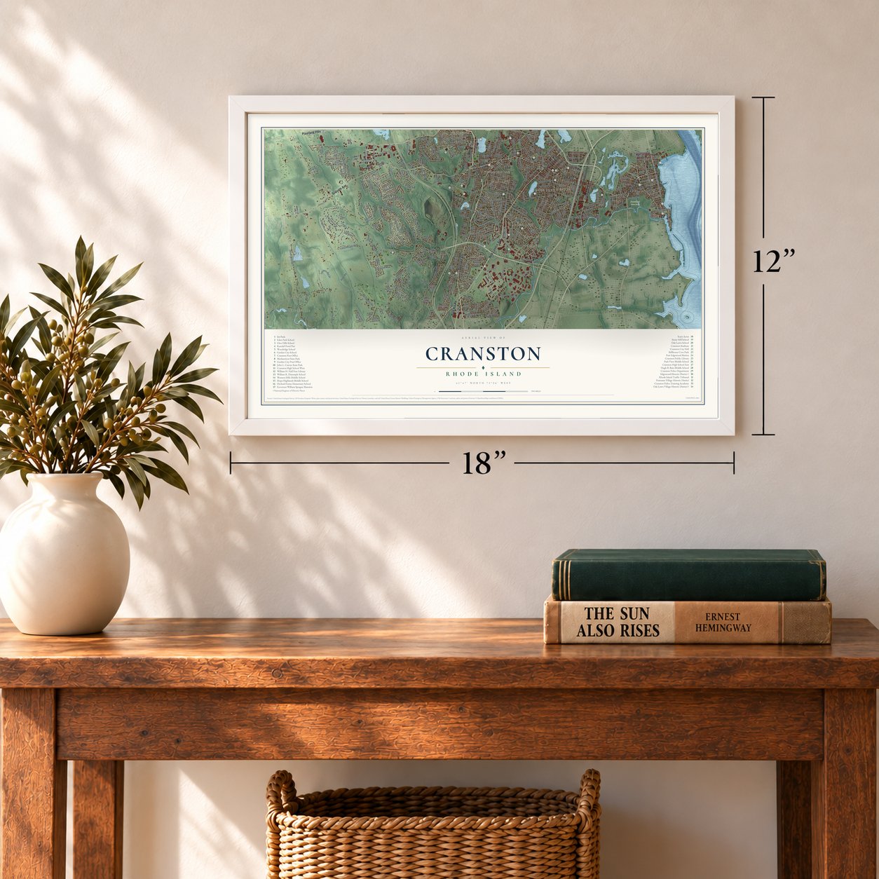 Cranston, Rhode Island map, 12 x 18 inch print in a white frame in an entryway