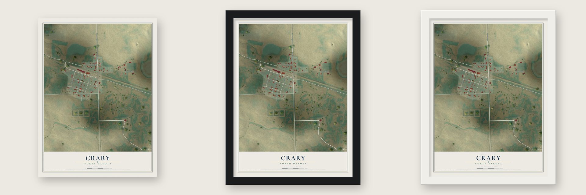 Crary, North Dakota map unframed, in a black wood frame and in a white wood frame