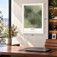 Crary, North Dakota map, 18 x 24 inch print in a white frame in a home office