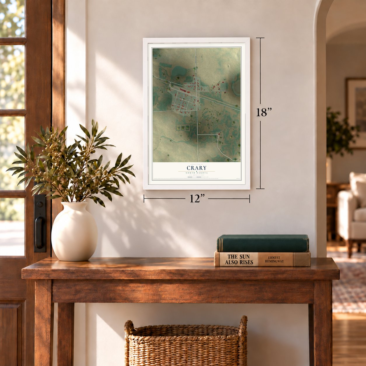 Crary, North Dakota map, 12 x 18 inch print in a white frame in an entryway