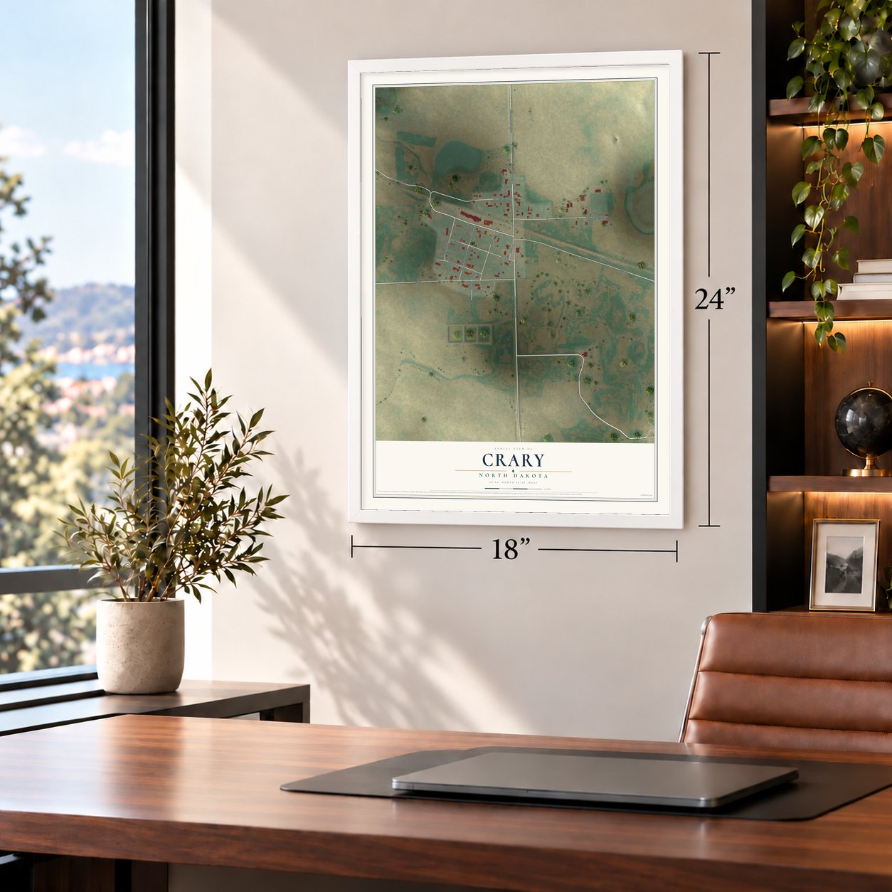 Crary, North Dakota map, 18 x 24 inch print in a white frame in a home office