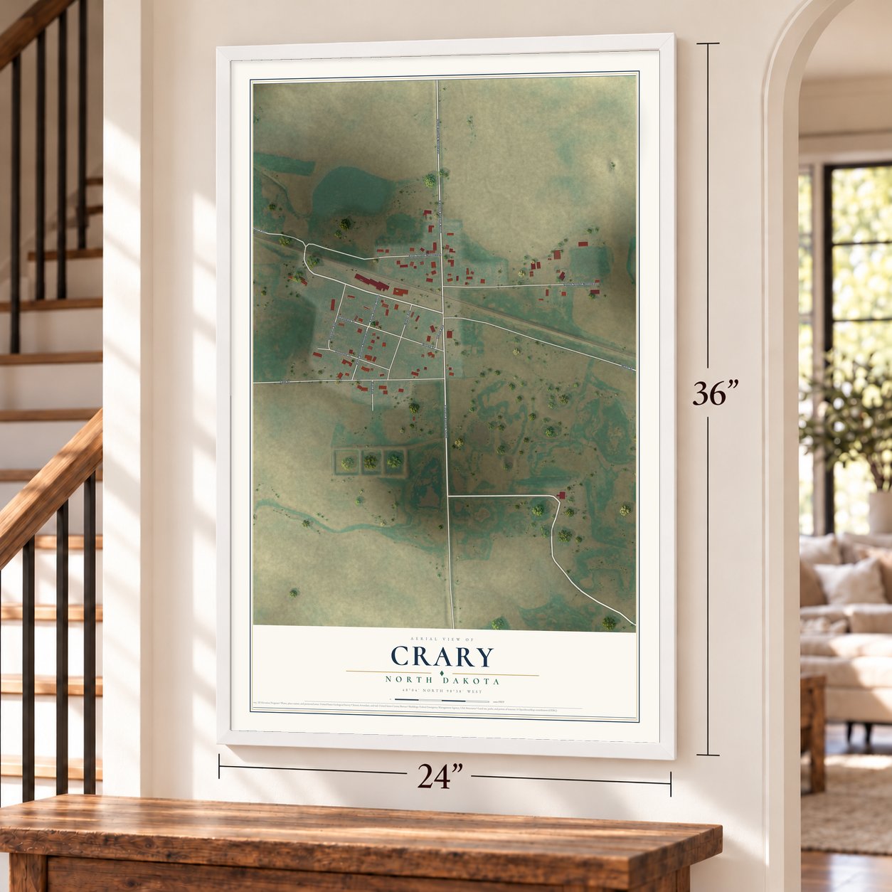 Crary, North Dakota map, 24 x 36 inch print in a white frame by a staircase
