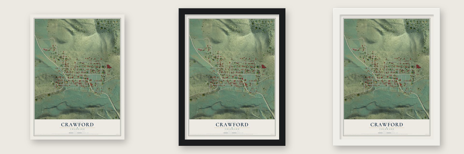 Crawford, Colorado map unframed, in a black wood frame and in a white wood frame