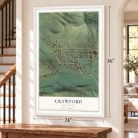 Crawford, Colorado map, 24 x 36 inch print in a white frame by a staircase