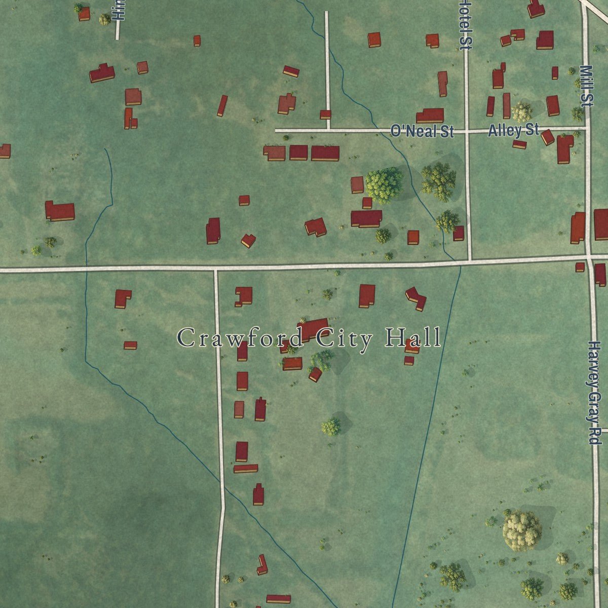 Second close-up of the map of Crawford, Mississippi print showing more streets and buildings
