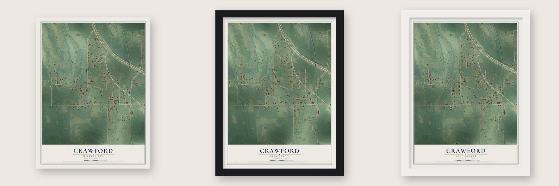 Crawford, Mississippi map unframed, in a black wood frame and in a white wood frame