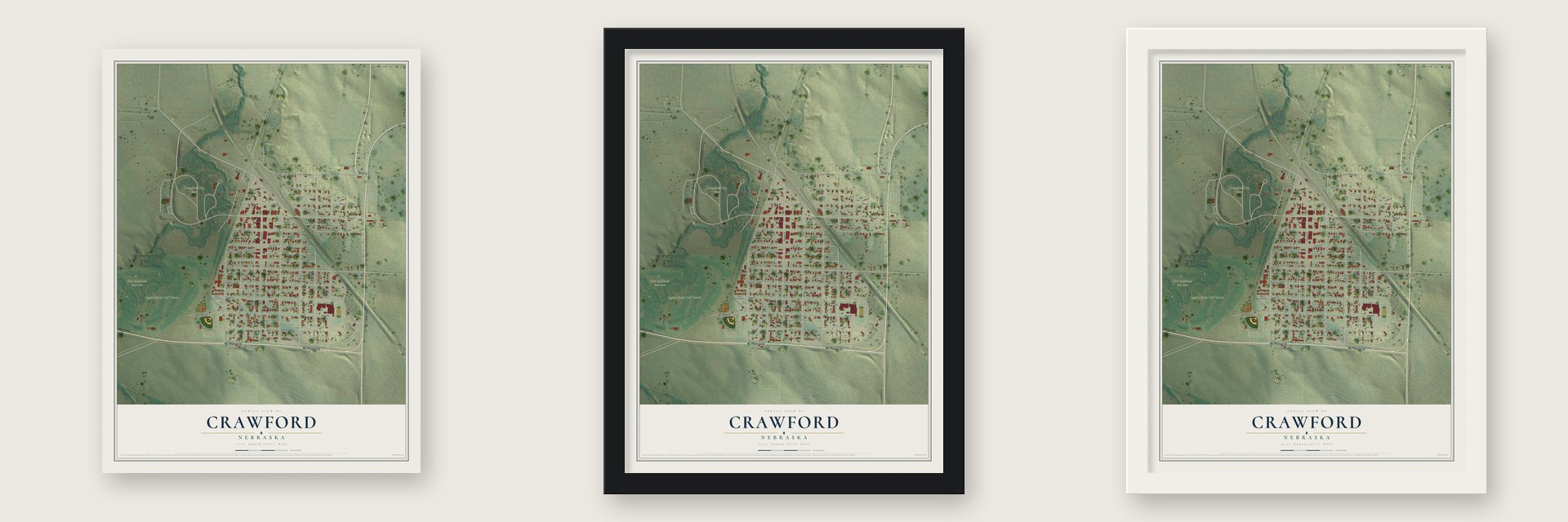 Crawford, Nebraska map unframed, in a black wood frame and in a white wood frame