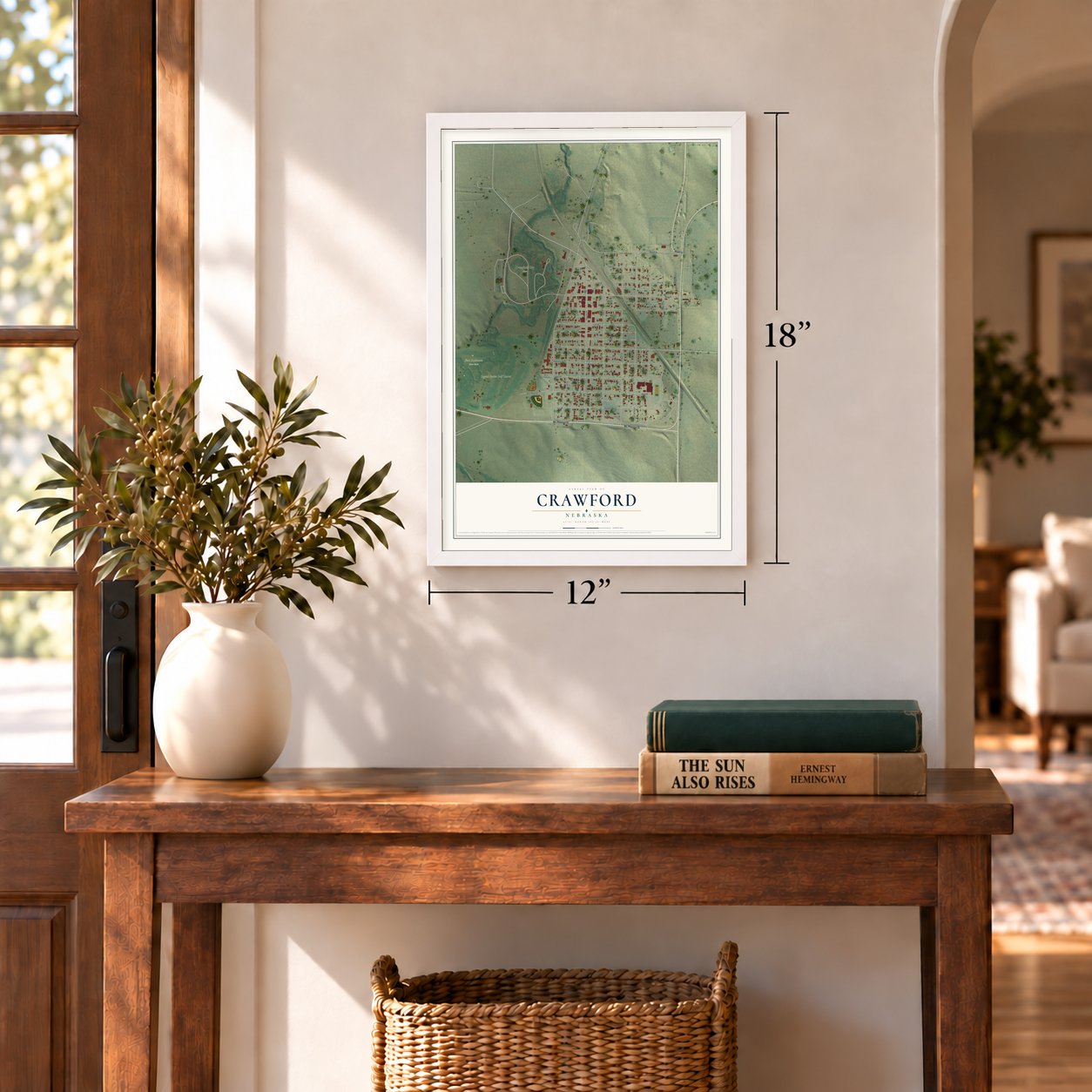 Crawford, Nebraska map, 12 x 18 inch print in a white frame in an entryway