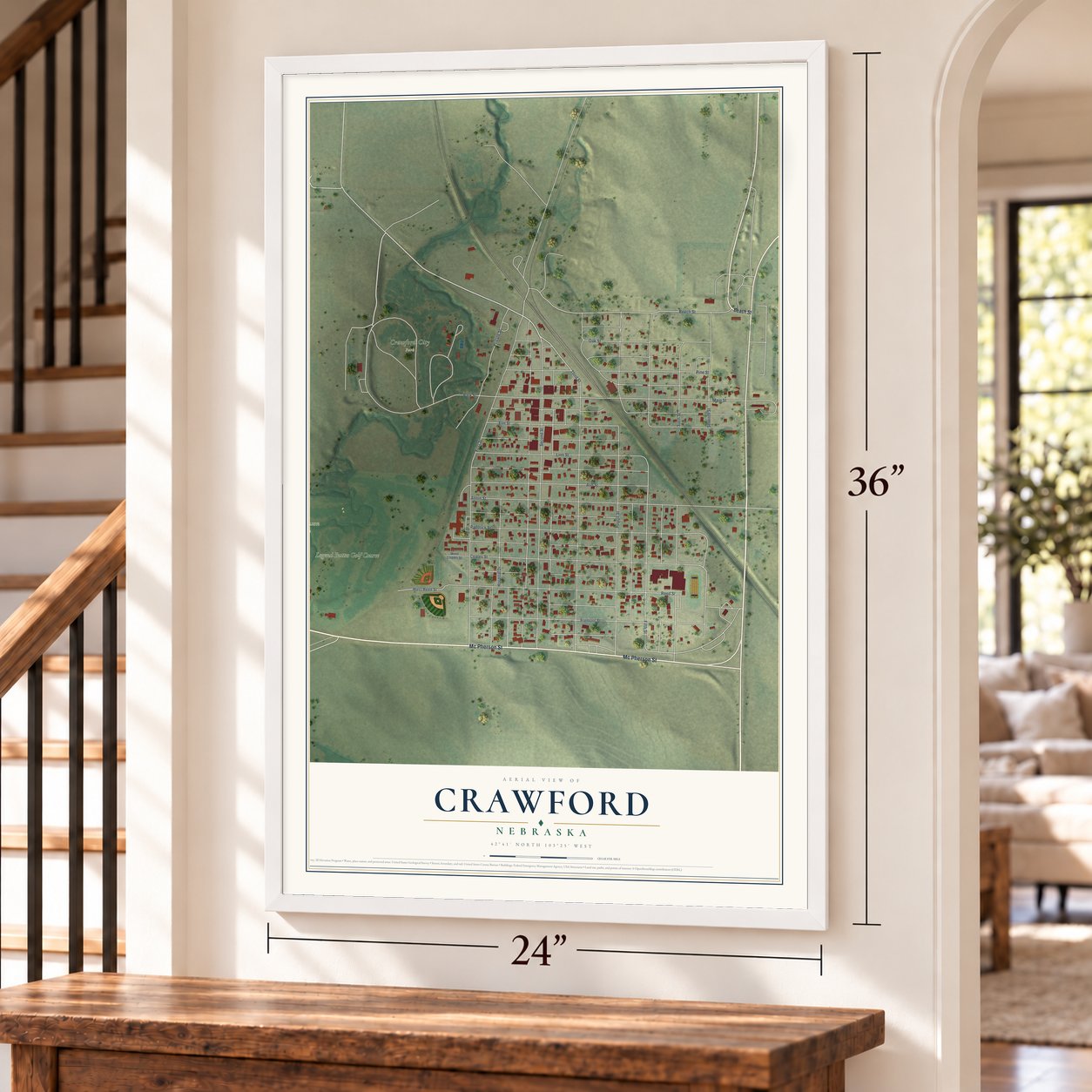 Crawford, Nebraska map, 24 x 36 inch print in a white frame by a staircase
