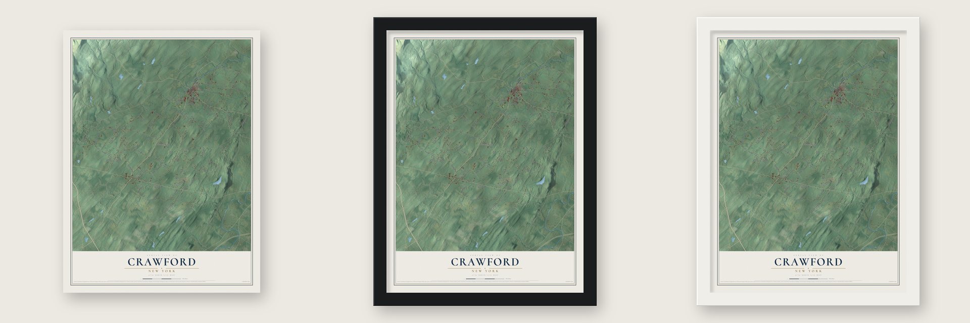 Crawford, New York map unframed, in a black wood frame and in a white wood frame