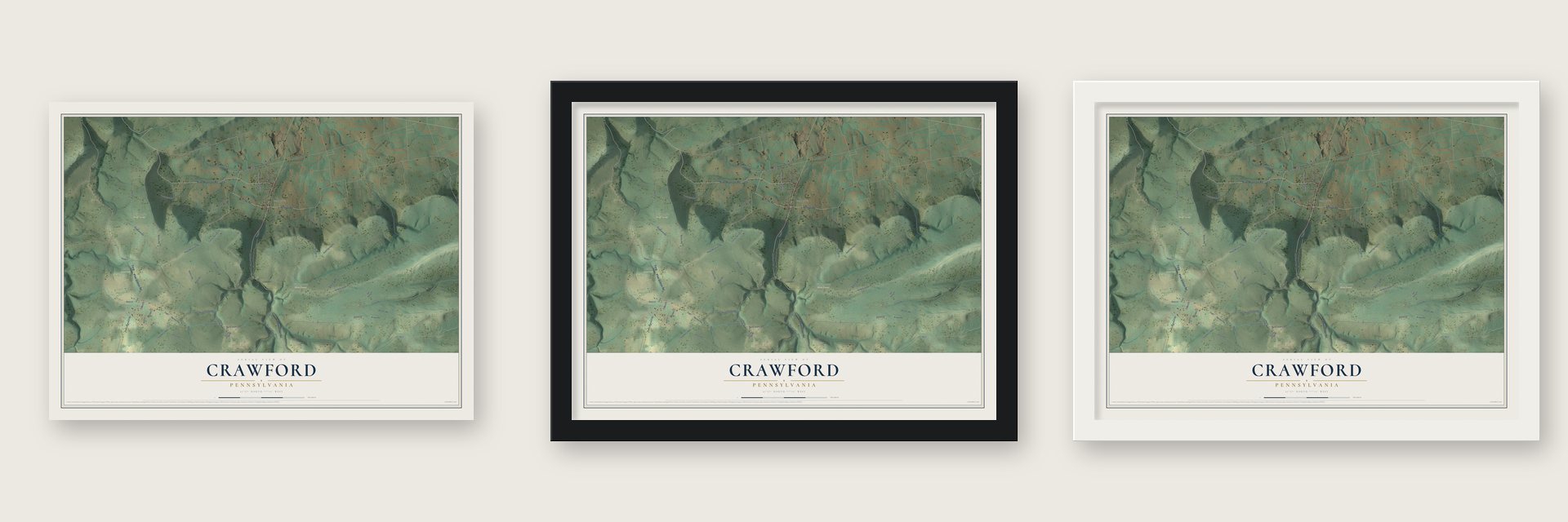 Crawford, Pennsylvania map unframed, in a black wood frame and in a white wood frame