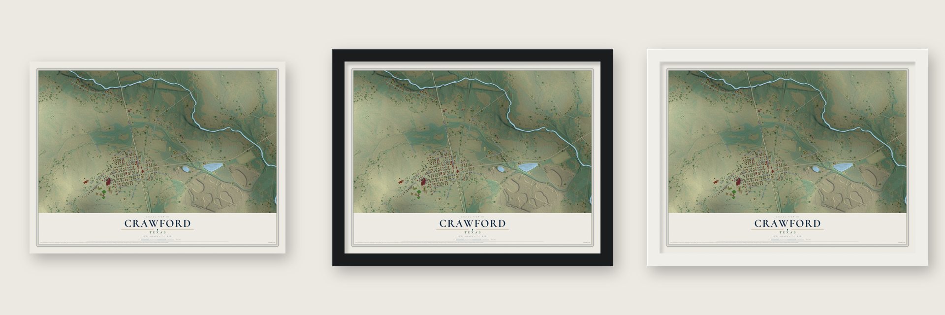 Crawford, Texas map unframed, in a black wood frame and in a white wood frame