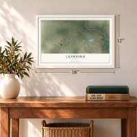 Crawford, Texas map, 12 x 18 inch print in a white frame in an entryway
