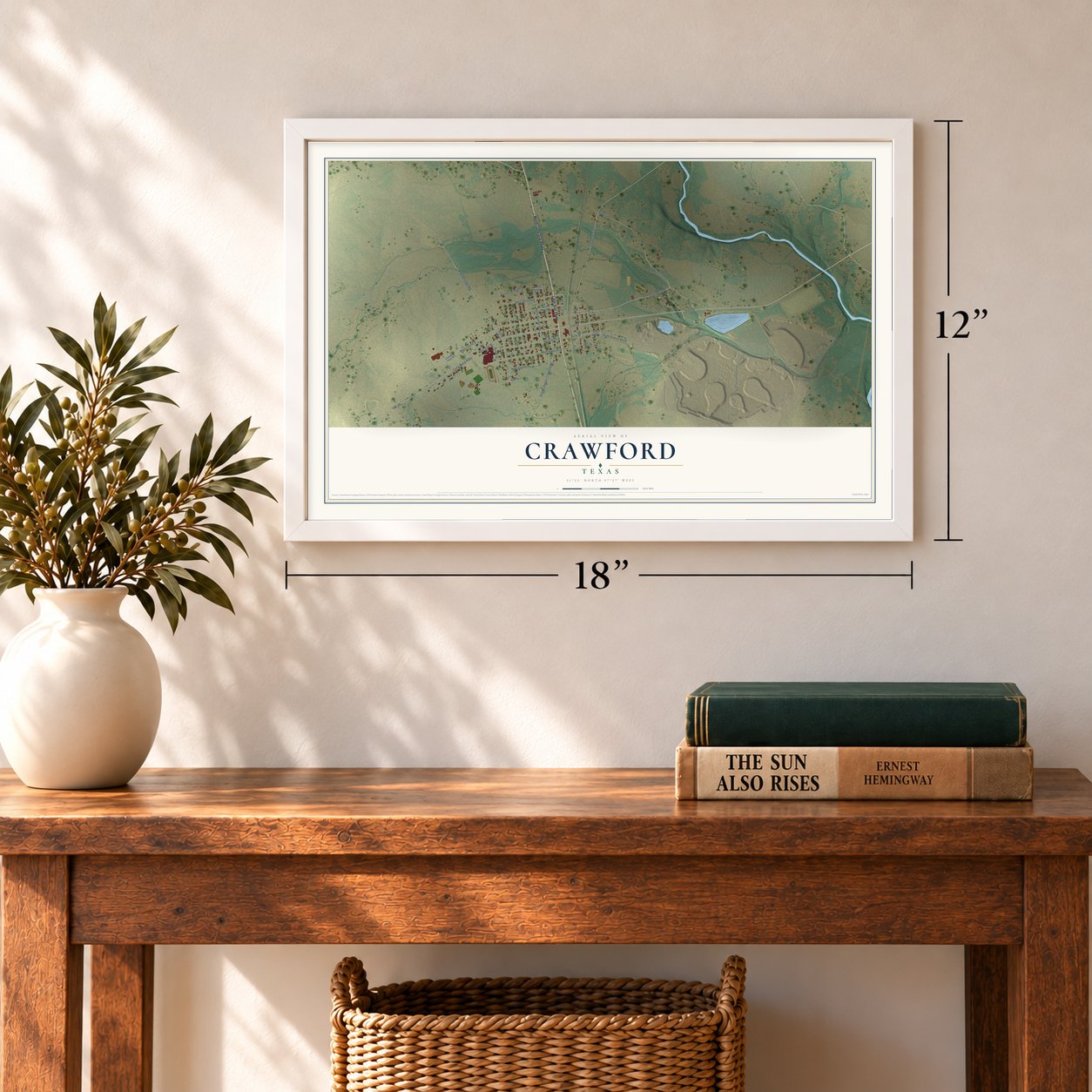 Crawford, Texas map, 12 x 18 inch print in a white frame in an entryway