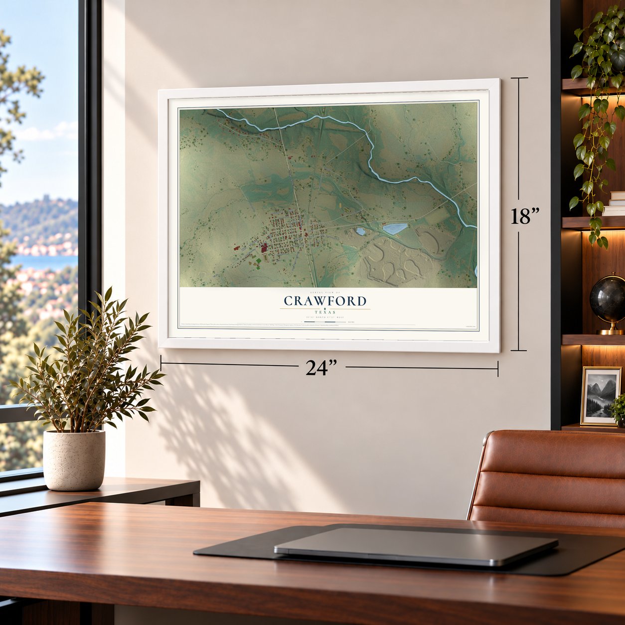 Crawford, Texas map, 18 x 24 inch print in a white frame in a home office