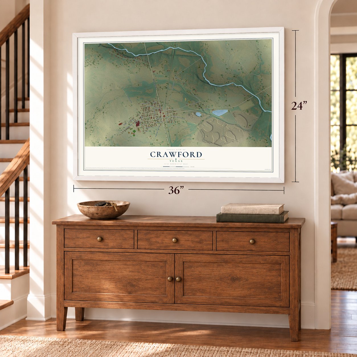 Crawford, Texas map, 24 x 36 inch print in a white frame above a dresser by a staircase