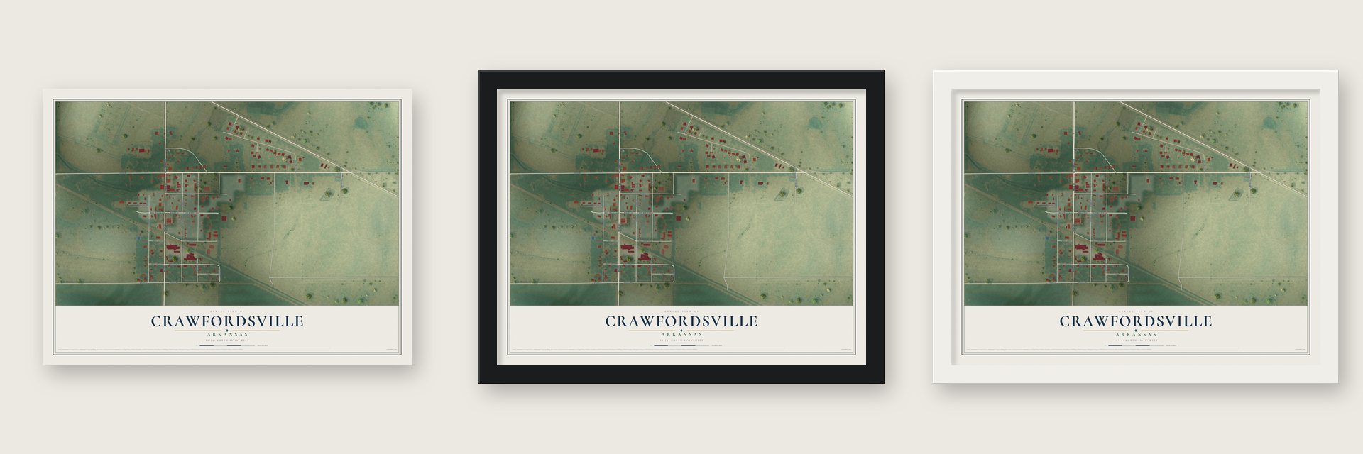 Crawfordsville, Arkansas map unframed, in a black wood frame and in a white wood frame